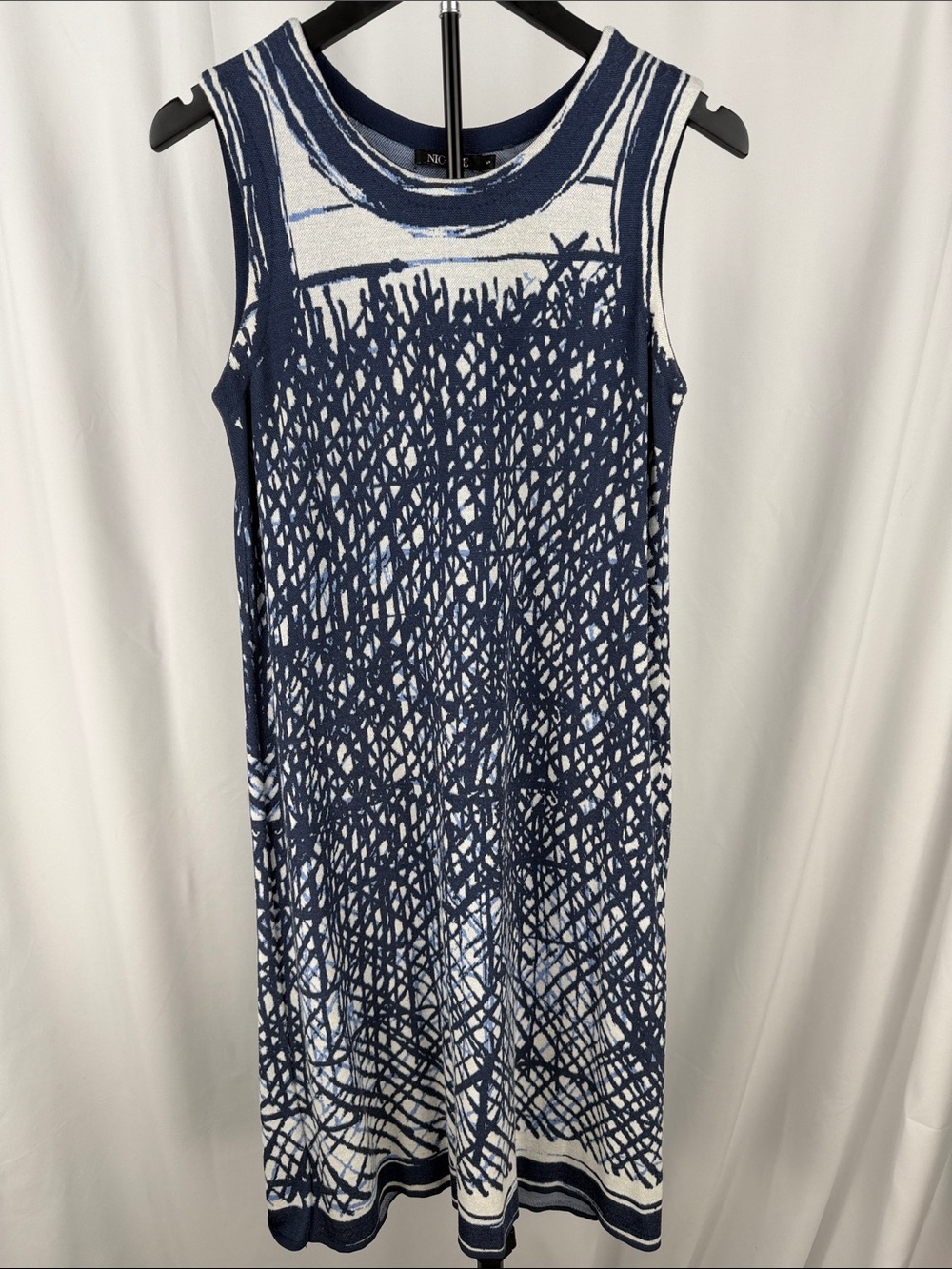 NIC+ZOE Blue Gray Abstract Print Knit Sleeveless Midi Dress Small
